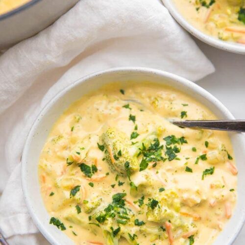 Cheesy vegan broccoli soup in a bowl