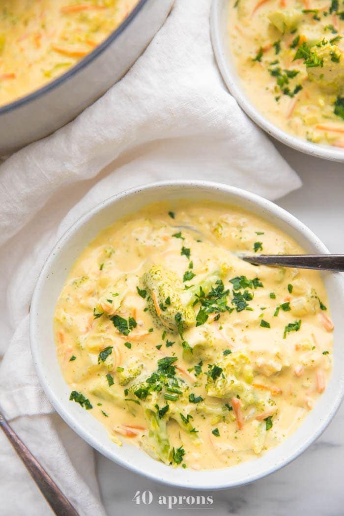 Cheesy vegan broccoli soup in a bowl