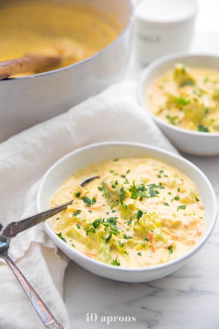 Cheesy vegan broccoli soup in a bowl