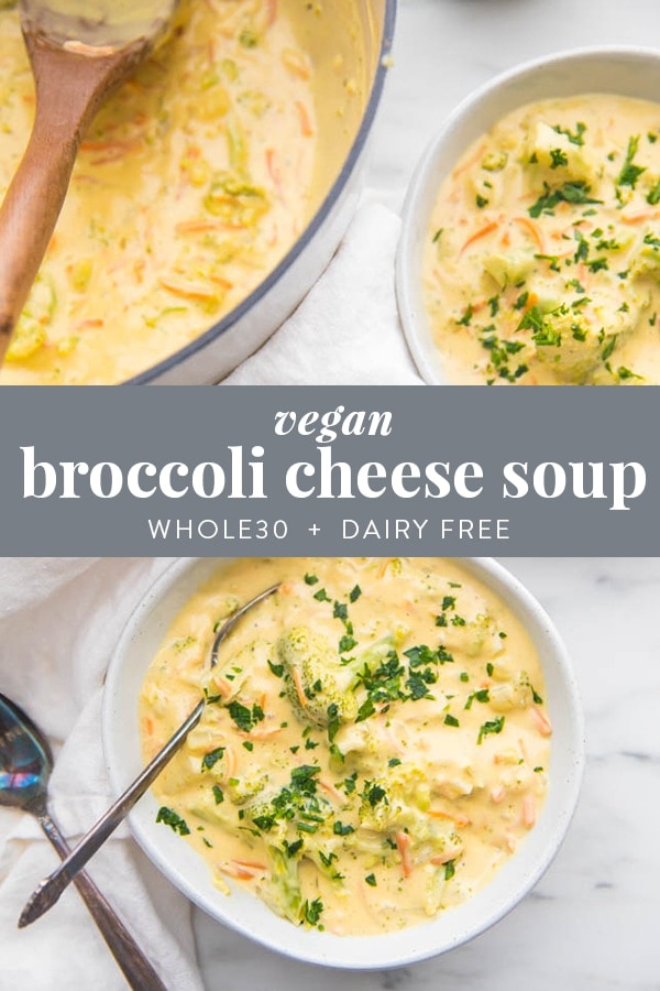 Cheesy vegan broccoli soup (Whole30) Pinterest image