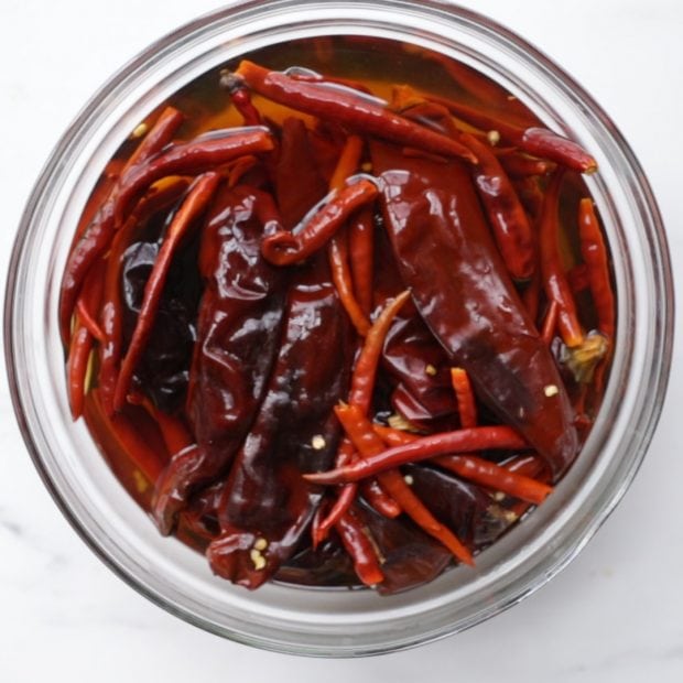 dried chilies soaking in warm water (how to make harissa step by step guide)