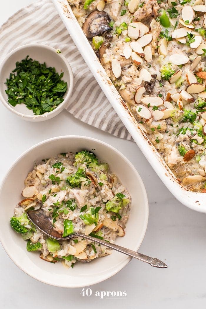 Whole30 casserole with chicken, broccoli, rice, and mushrooms