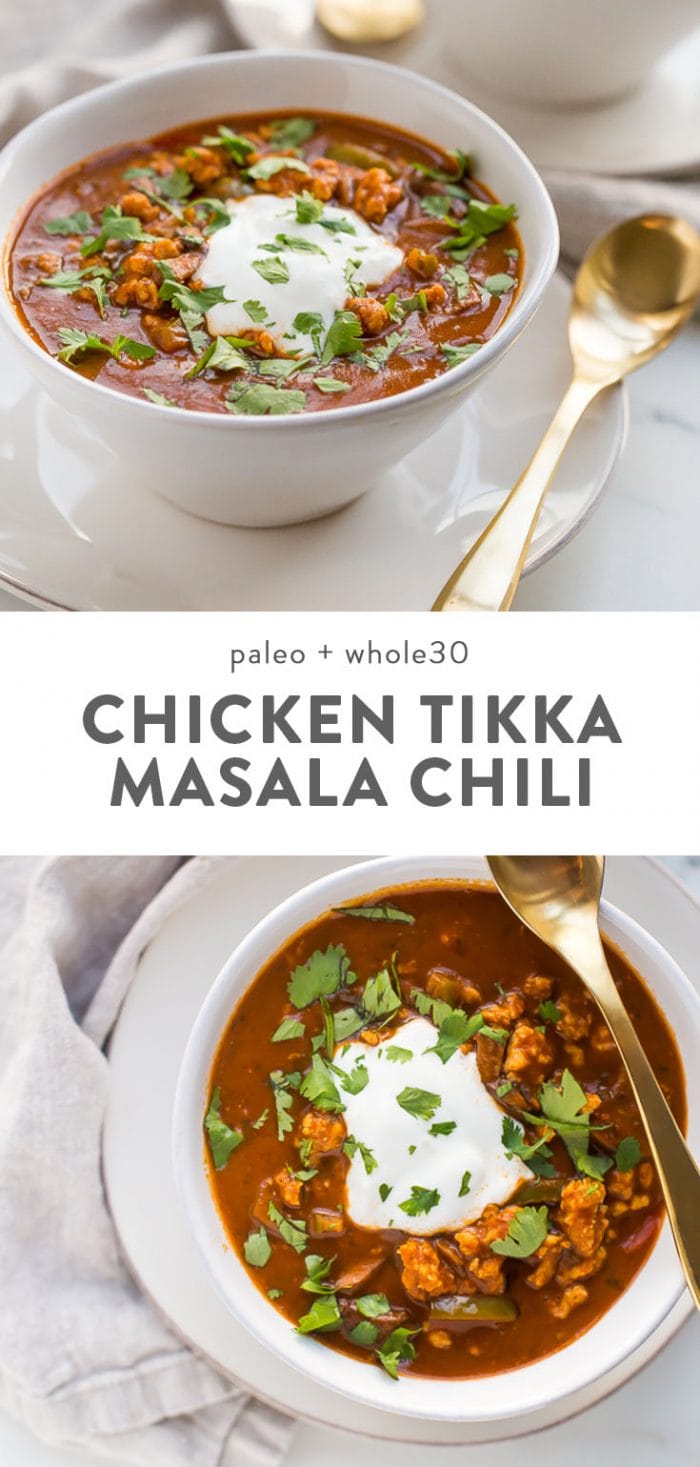 A bowl of whole30 chicken tikka masala chili with a gold spoon.