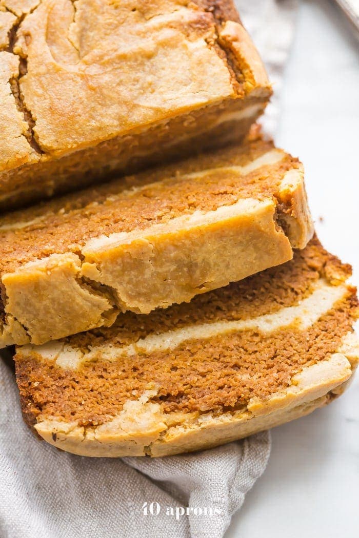 Paleo pumpkin bread with cream cheese swirl sliced