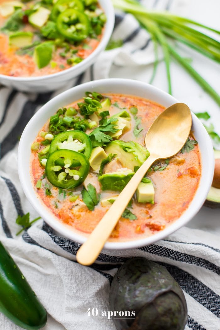 This leftover turkey tortilla soup is made from leftover turkey and is so quick and easy! It's full of flavor, and as a Whole30 tortilla soup, it's healthy, too. You'll love how delicious this leftover turkey tortilla soup is and how healthy this Whole30 tortilla soup makes you feel after a couple days of indulgence! My favorite leftover turkey recipe.