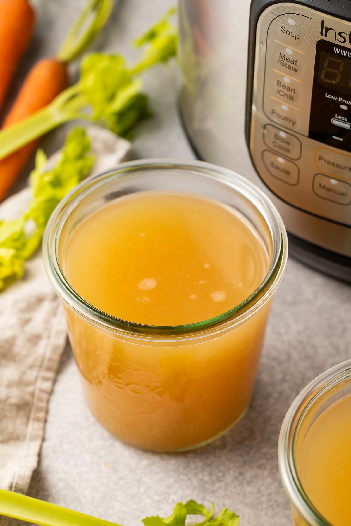 Glass jar of Instant Pot bone broth.