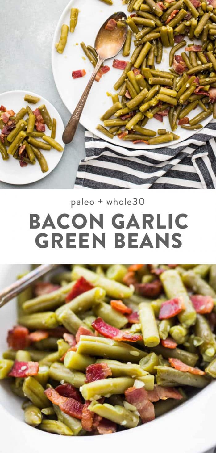 Whole30 Del Monte green beans with bacon in a white dish