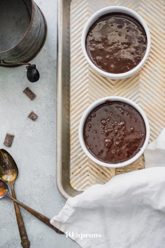 Paleo molten lava cake batter in ramekin