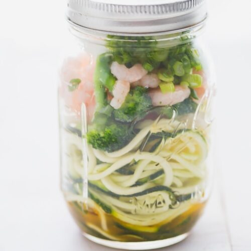 Whole30 cup zoodles: zucchini noodles with vegetables and shrimp in a mason jar