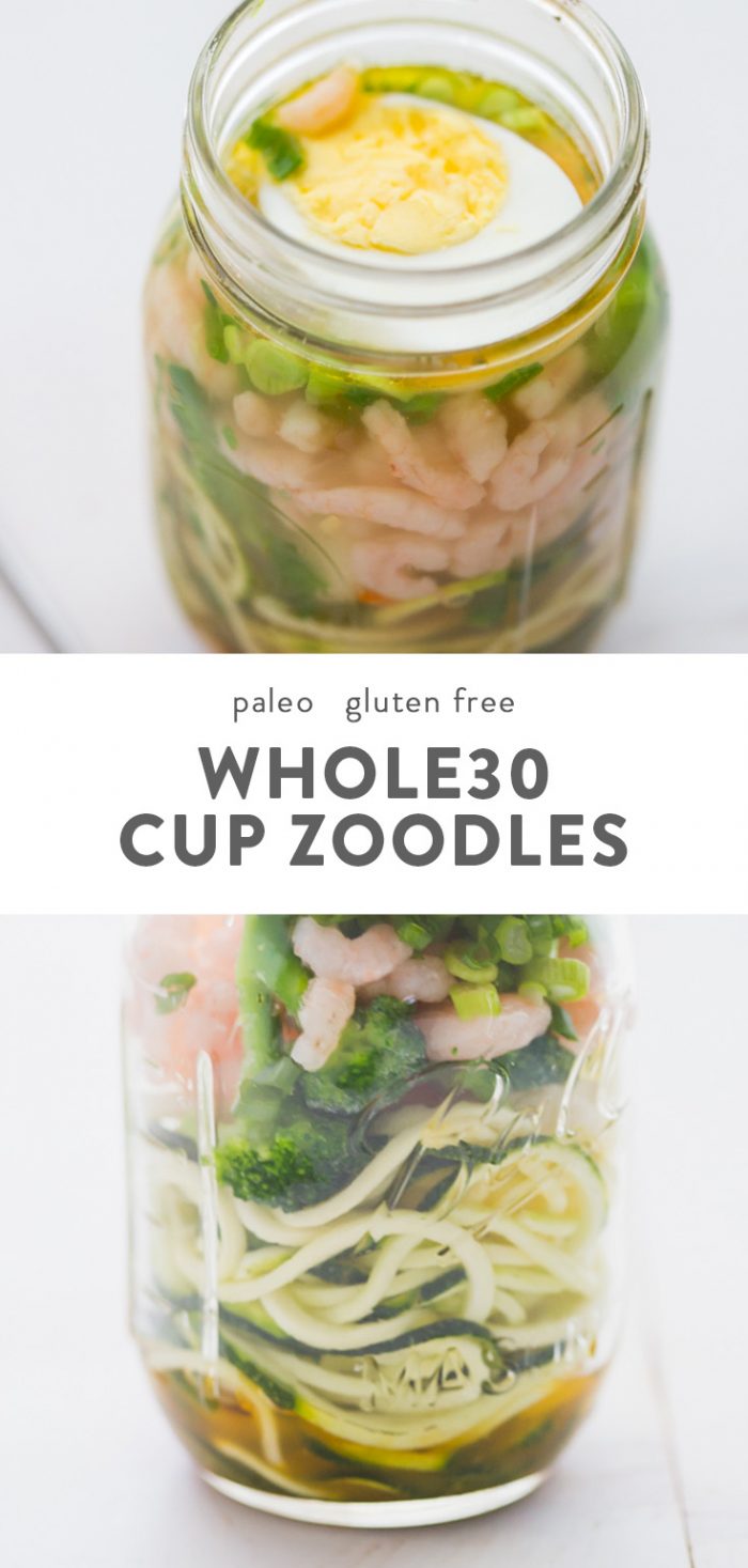 Whole30 cup zoodles: zucchini noodles with vegetables and shrimp in a mason jar