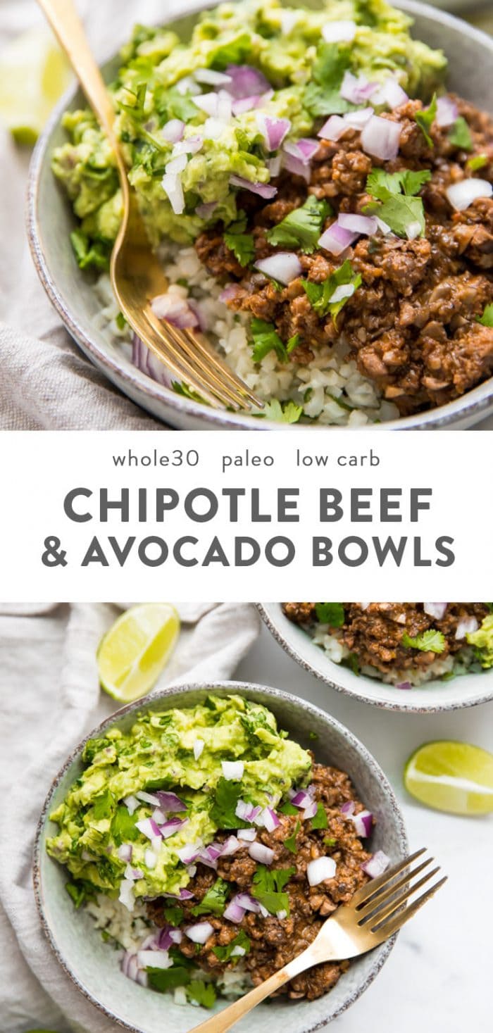 Whole30 chipotle beef & avocado bowl over cilantro-lime cauliflower rice