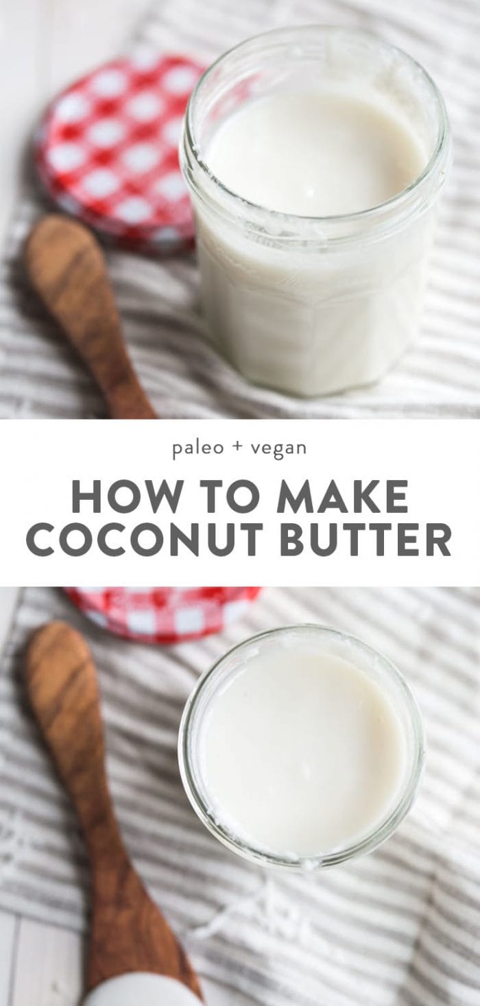 Coconut butter in a small glass jar with a wood spoon.