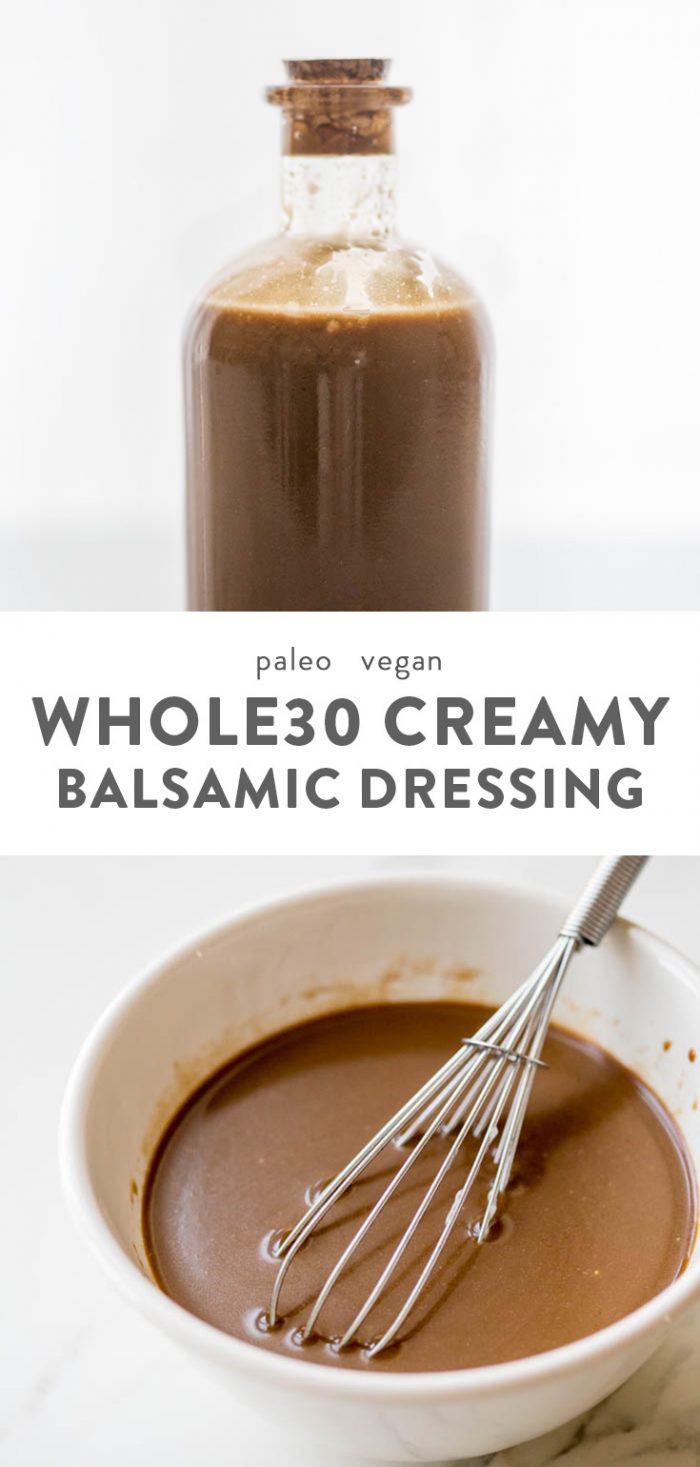 Creamy Whole30 balsamic dressing in a jar and in a white bowl with a whisk.