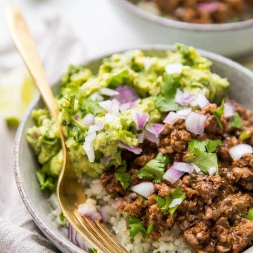 Whole30 chipotle beef & avocado bowl over cilantro-lime cauliflower rice