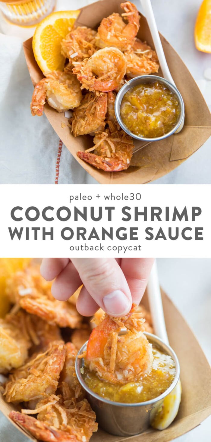 Whole30 coconut shrimp with orange sauce in a container