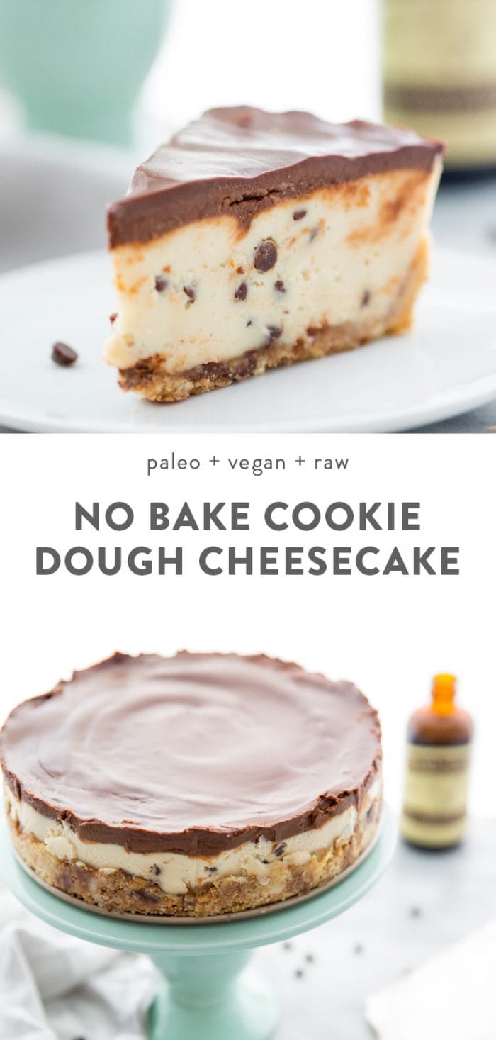 Slice of vegan no bake cookie dough cheesecake on a plate