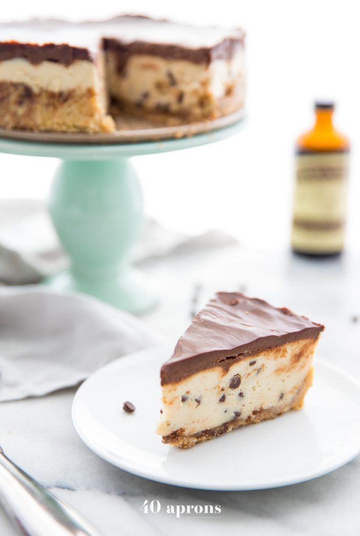 Slice of vegan no bake cookie dough cheesecake on a plate