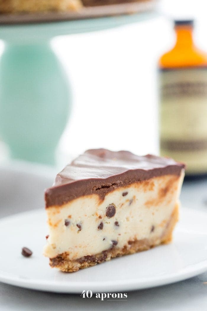 Slice of vegan no bake cookie dough cheesecake on a plate