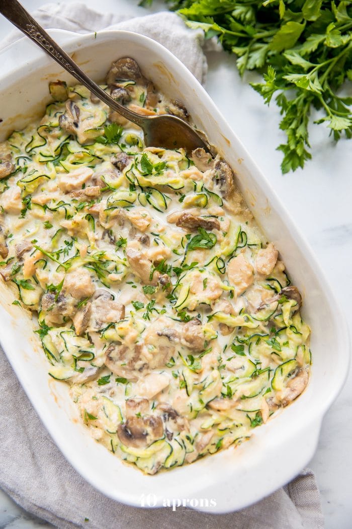 Whole30 tuna zoodle casserole in a casserole