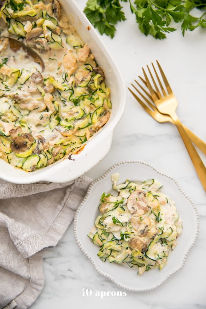 Whole30 tuna zoodle casserole on a plate next to a casserole