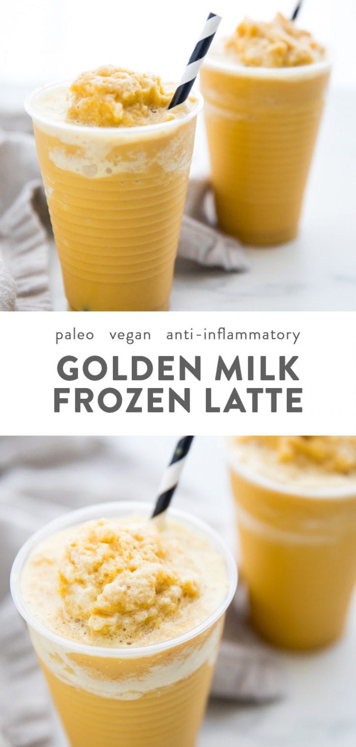 Two frozen golden milk turmeric frappuccinos in to-go cups with black and white straws