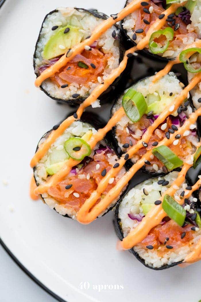 Whole30 sushi spicy salmon roll on a plate