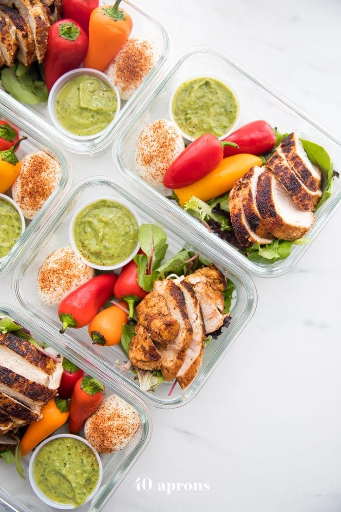 Containers of healthy Mexican chicken meal prep