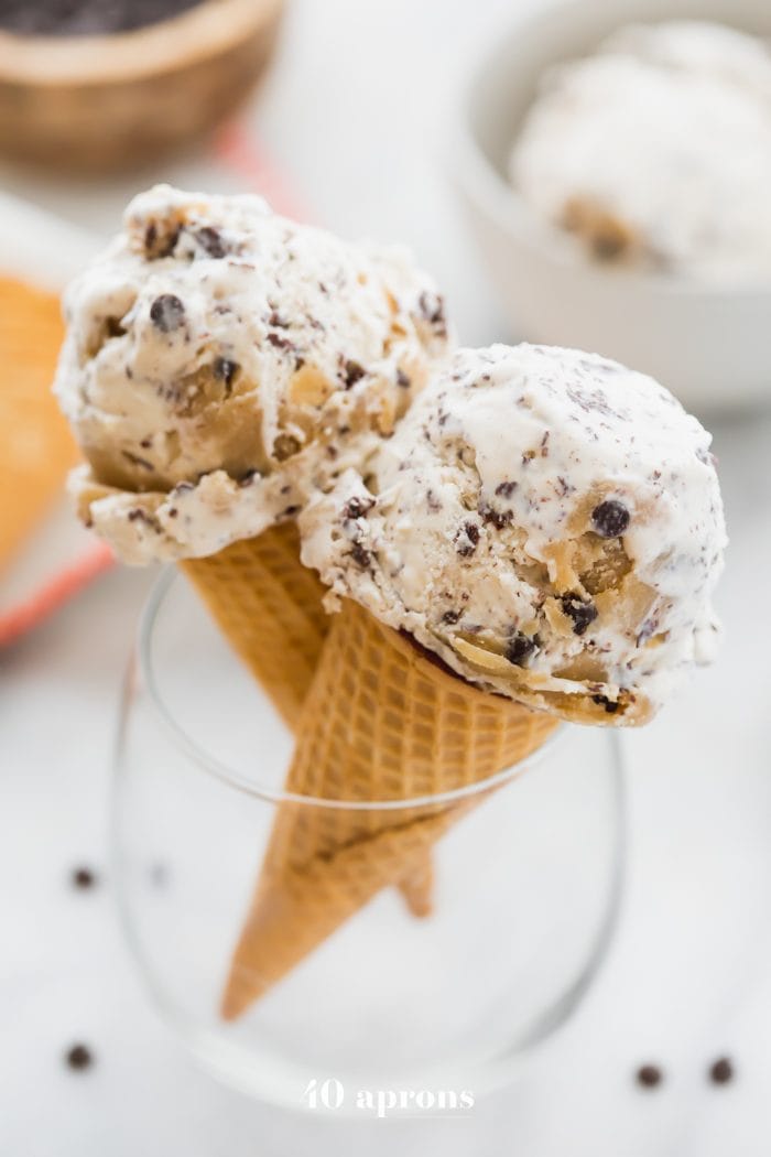 Two cones of paleo cookie dough ice cream