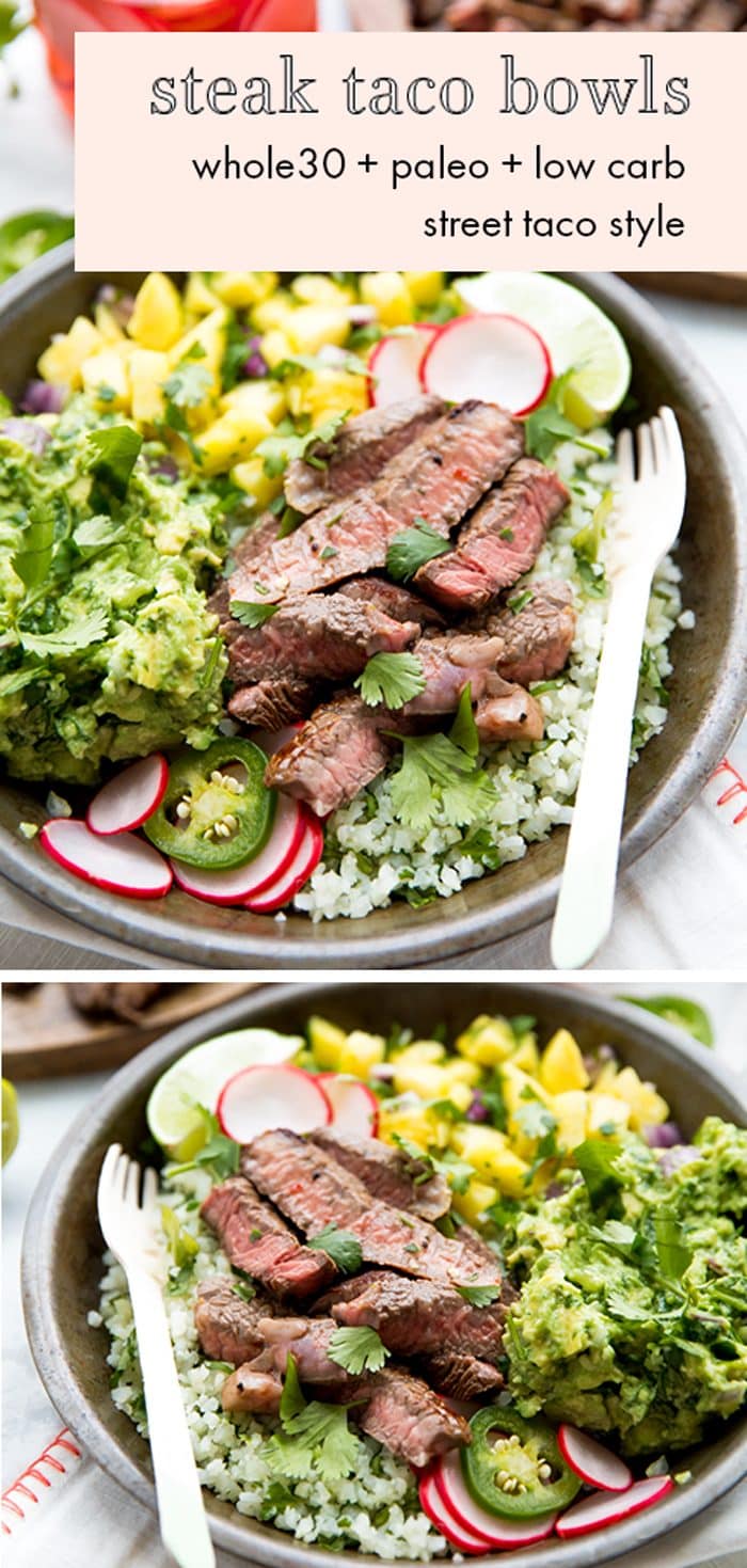 Whole30 steak taco bowl with steak, guacamole, pineapple salsa, pickled radish, and cauliflower rice