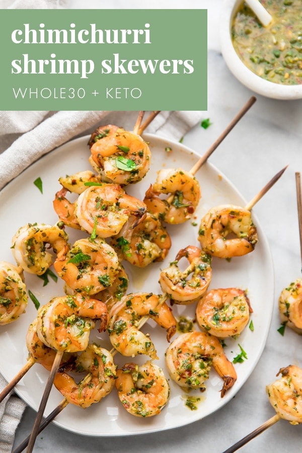 Quick chimichurri shrimp skewers (Whole30, keto) on a plate with text overlay