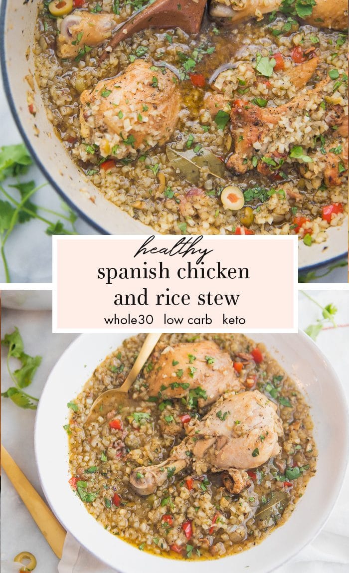 This healthy Spanish chicken and rice stew recipe is Whole30, paleo, low carb, and keto, thanks to cauliflower rice! Absolutely loaded with flavor, it's an easy dinner recipe that's so filling and nourishing.