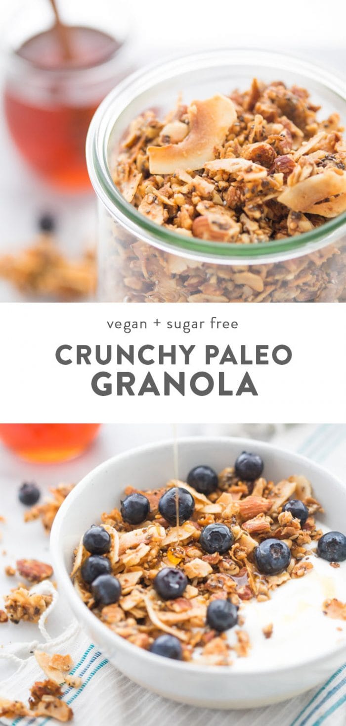 A glass jar of a crunchy paleo granola recipe with a jar of honey in the background, and crunchy paleo granola with nut milk, blueberries, and honey.