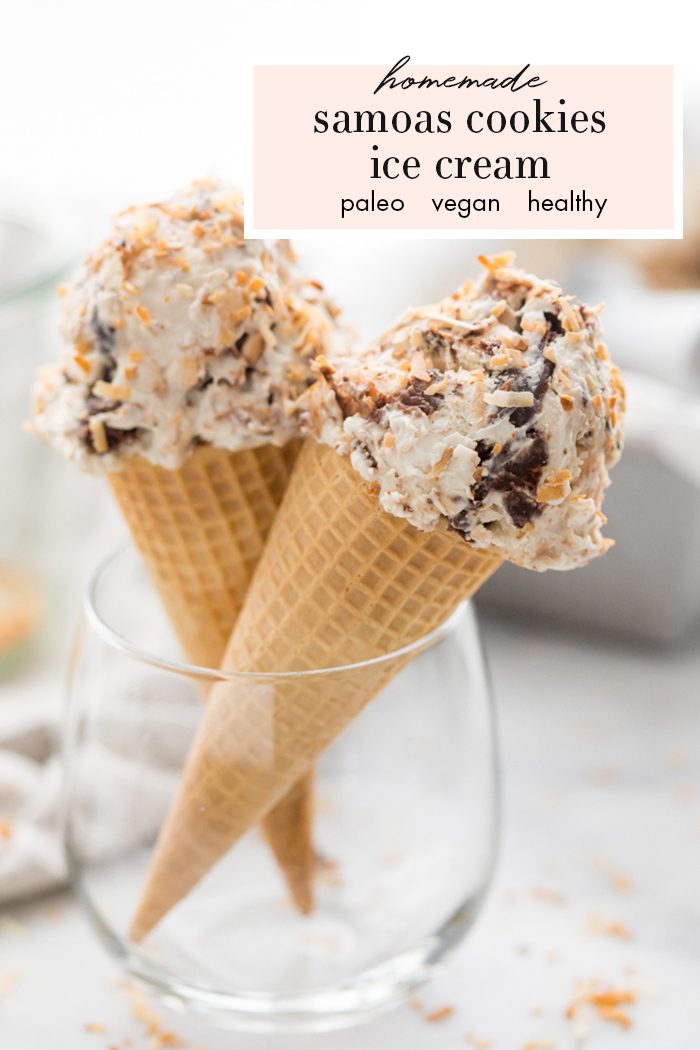 Samoas cookies ice cream in two cones in a glass with ice cream container in the background