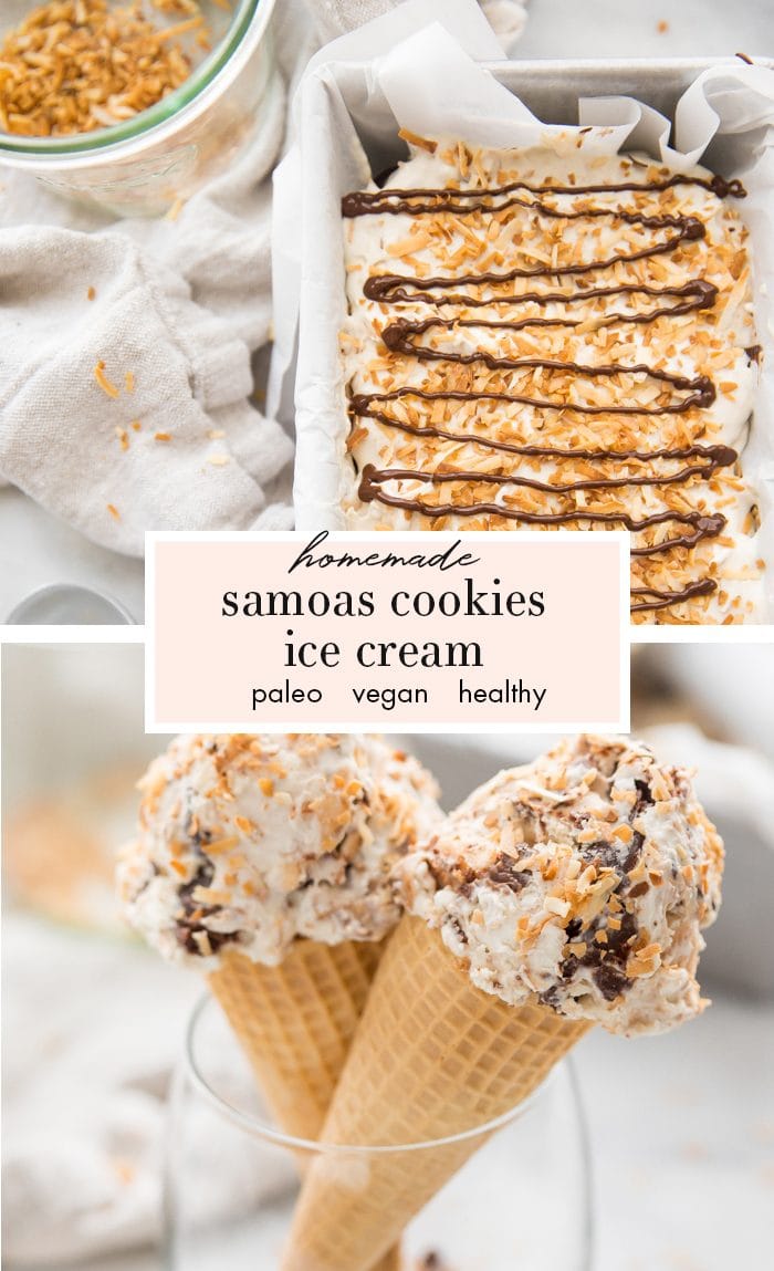 Samoas cookies ice cream in two cones in a glass with ice cream container in the background