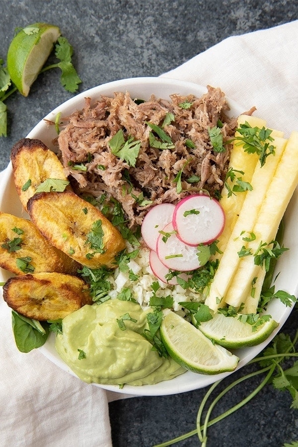 Whole30 Pork and Pineapple Bowls with Plantains, Coconut Cauliflower Rice, and Avocado Lime Mousse