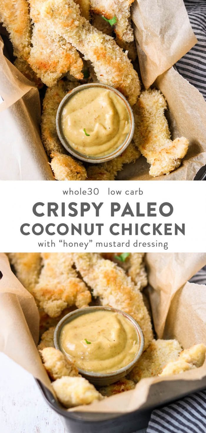 Crispy paleo chicken tenders in a basket with paleo honey mustard dressing.