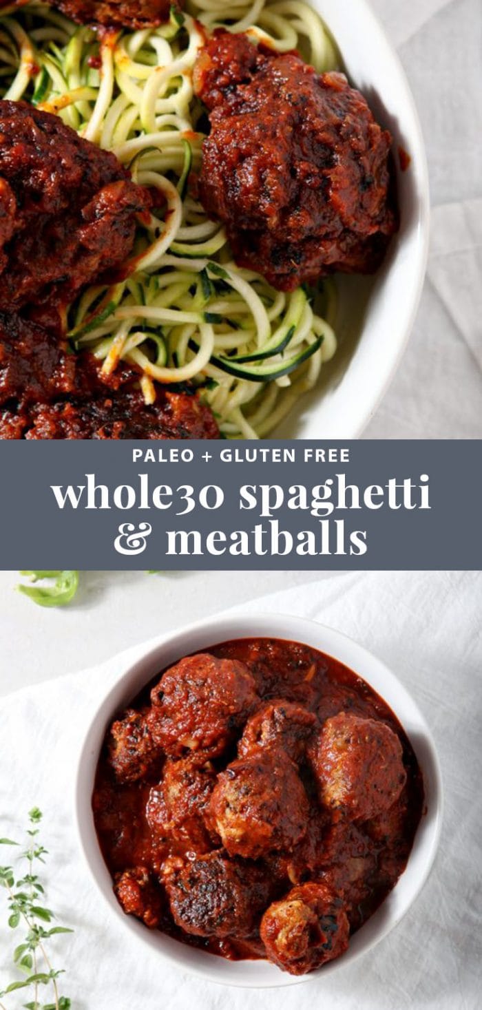 Whole30 meatballs with zucchini spaghetti noodles.