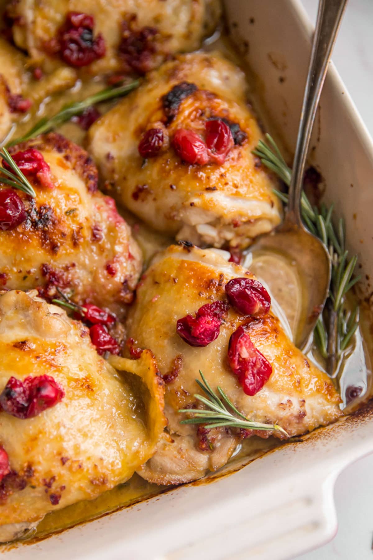 Cranberry rosemary chicken thighs in a red and cream baking dish.