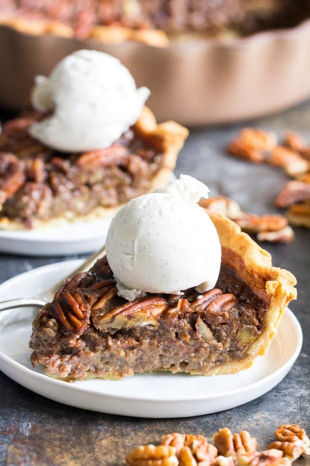 Healthy Christmas Treats Roundup Image of Paleo Salted Caramel Pecan Pie from Paleo Running Momma