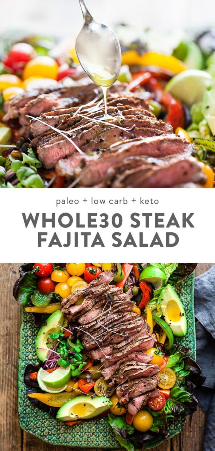 Whole30 steak fajita salad with seared steak, vegetables, avocado, and vinaigrette on a blue platter.