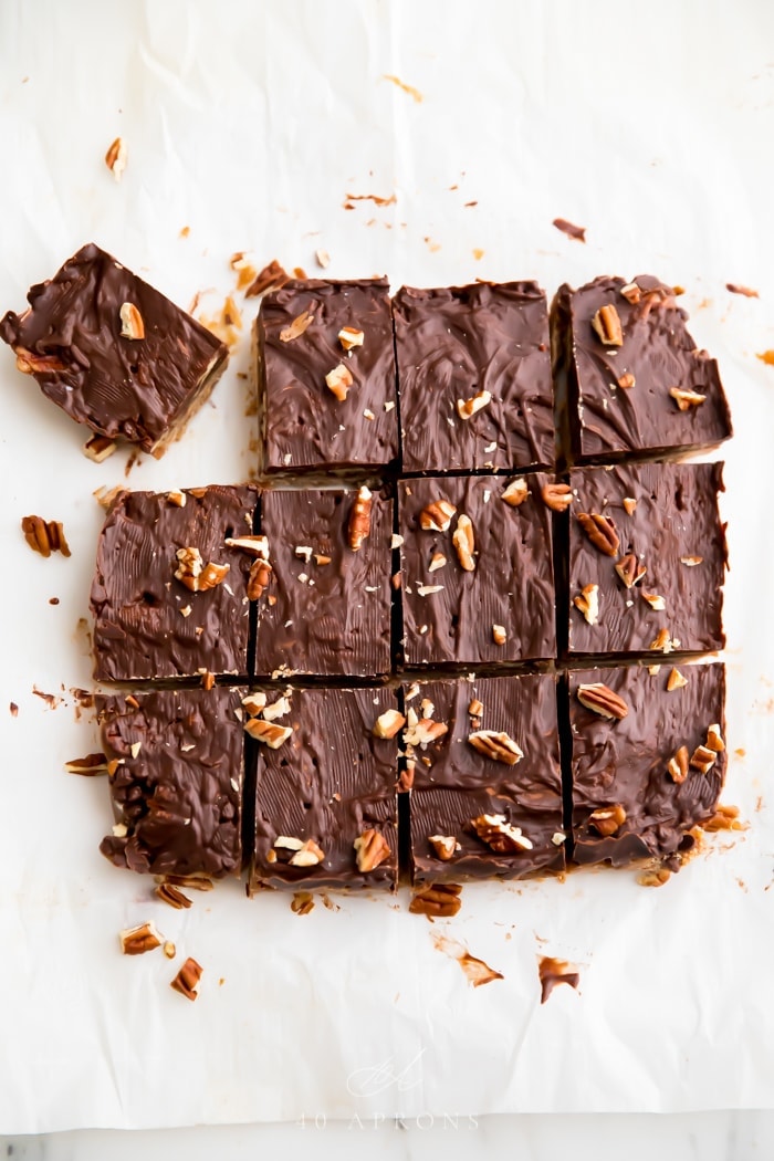 Batch of healthy paleo and vegan turtle bars on parchment paper