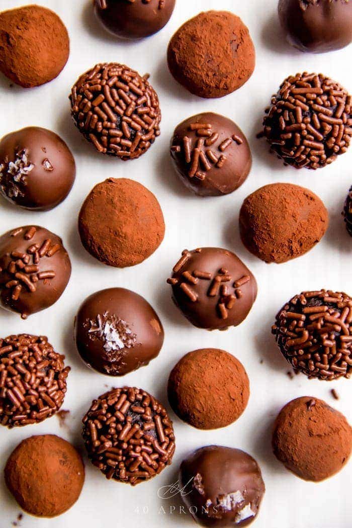 Several healthy vegan chocolate truffles shot overhead