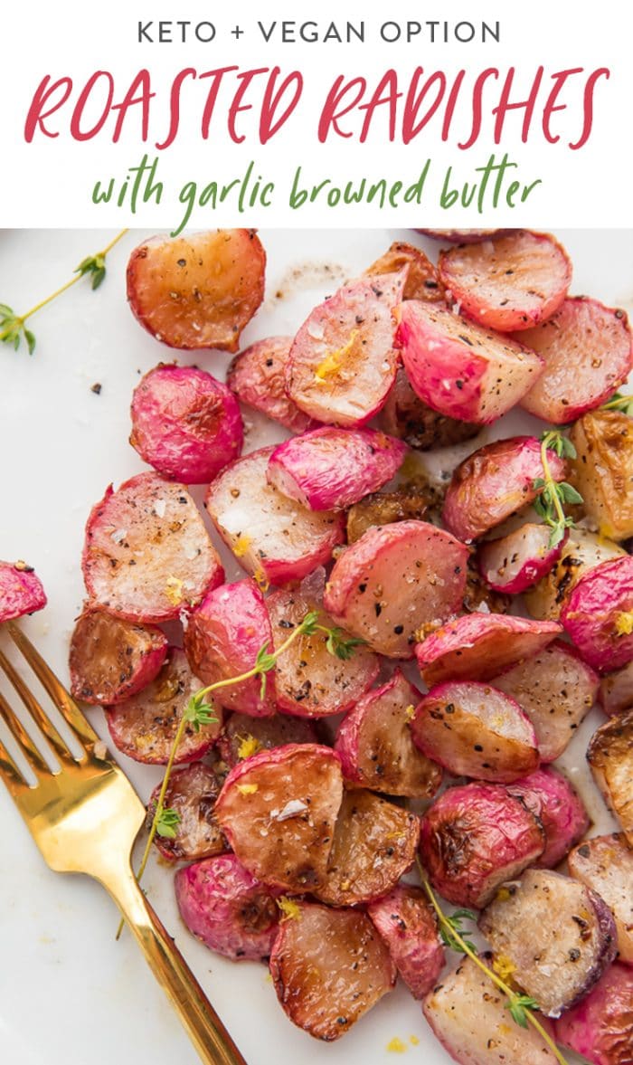 Roasted radishes with browned butter Pinterest graphic