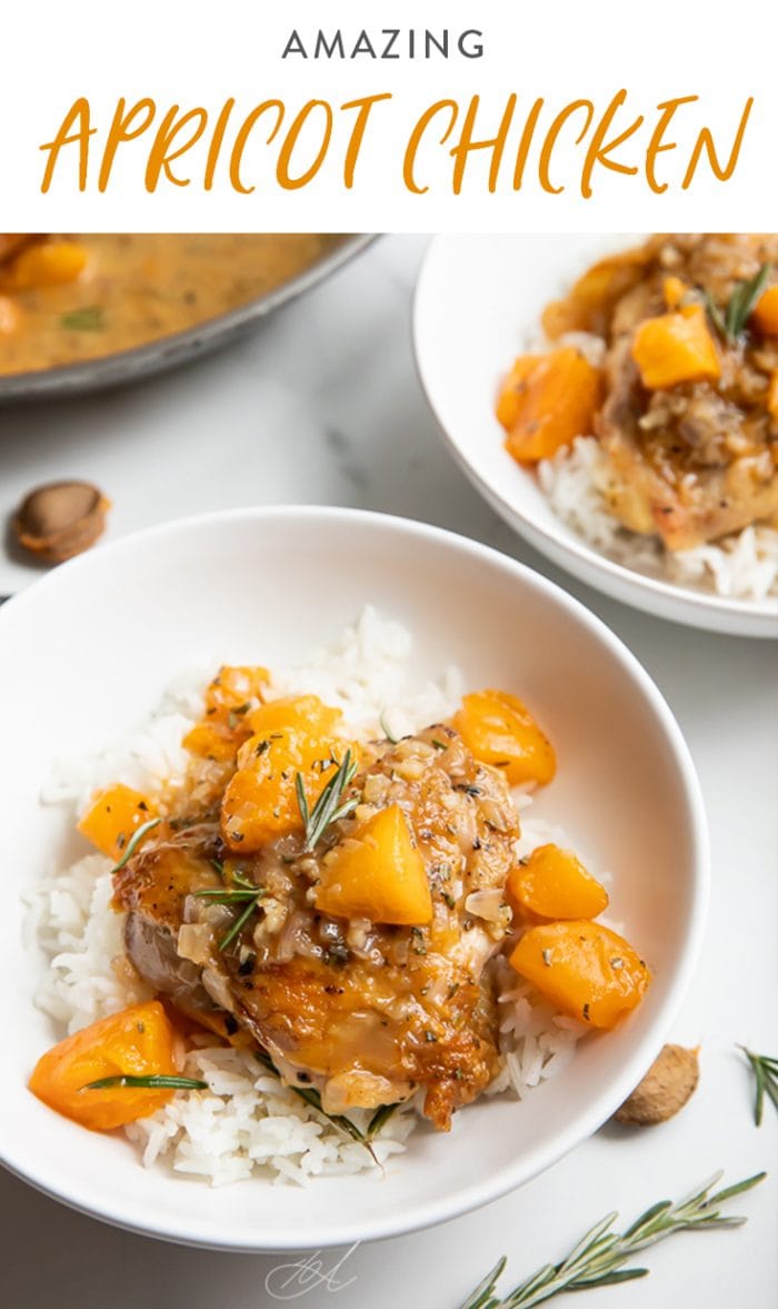 Apricot chicken over white rice in two white bowls