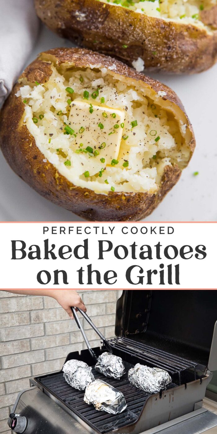 Pin graphic for baked potatoes on the grill.