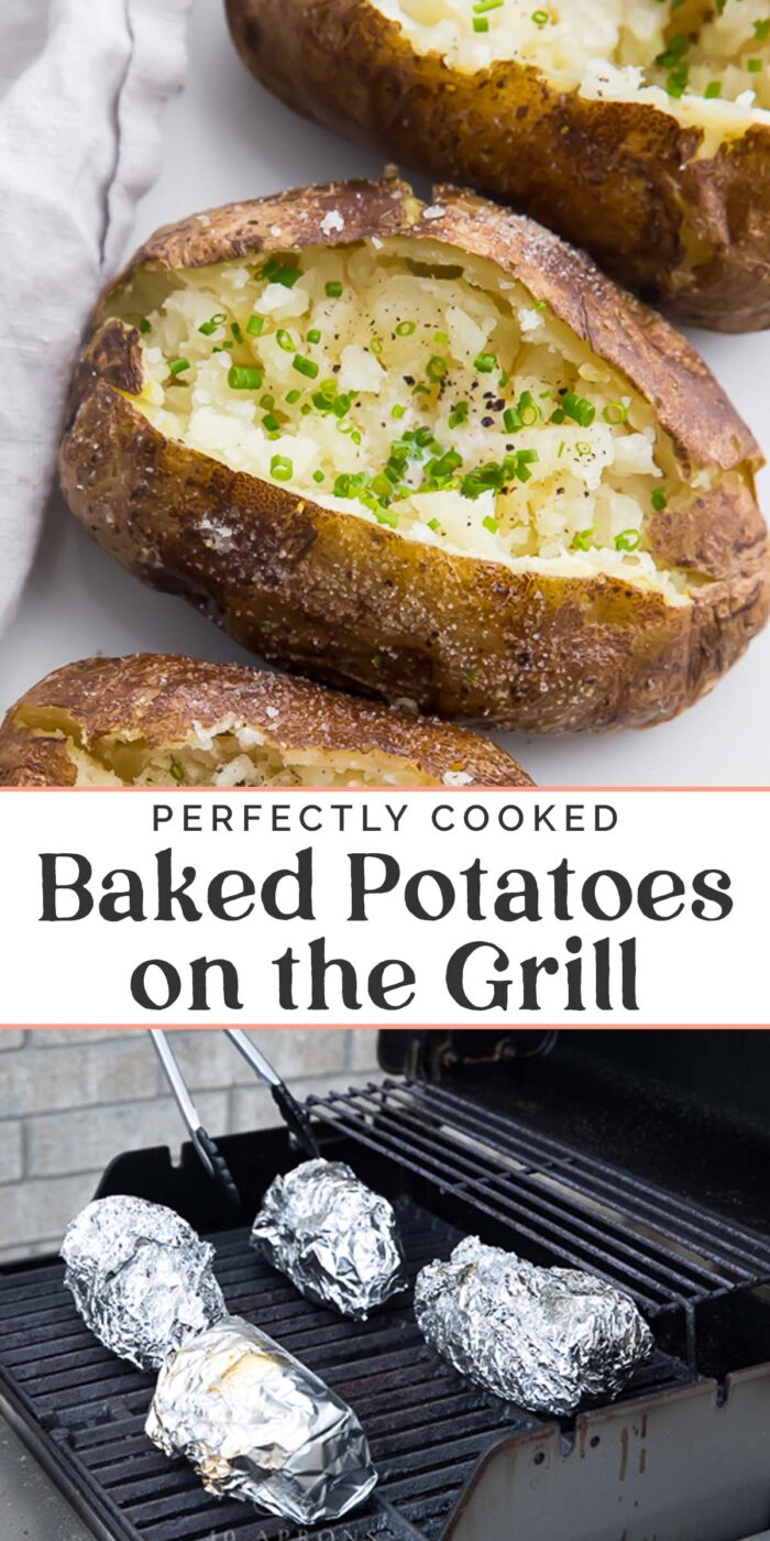 Pin graphic for baked potatoes on the grill.