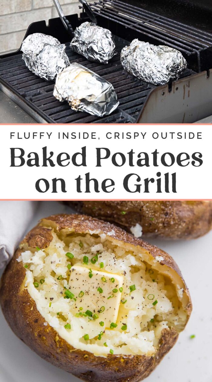 Pin graphic for baked potatoes on the grill.