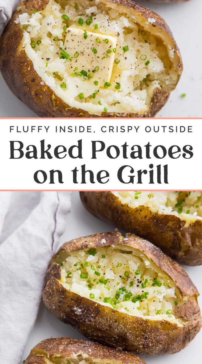 Pin graphic for baked potatoes on the grill.