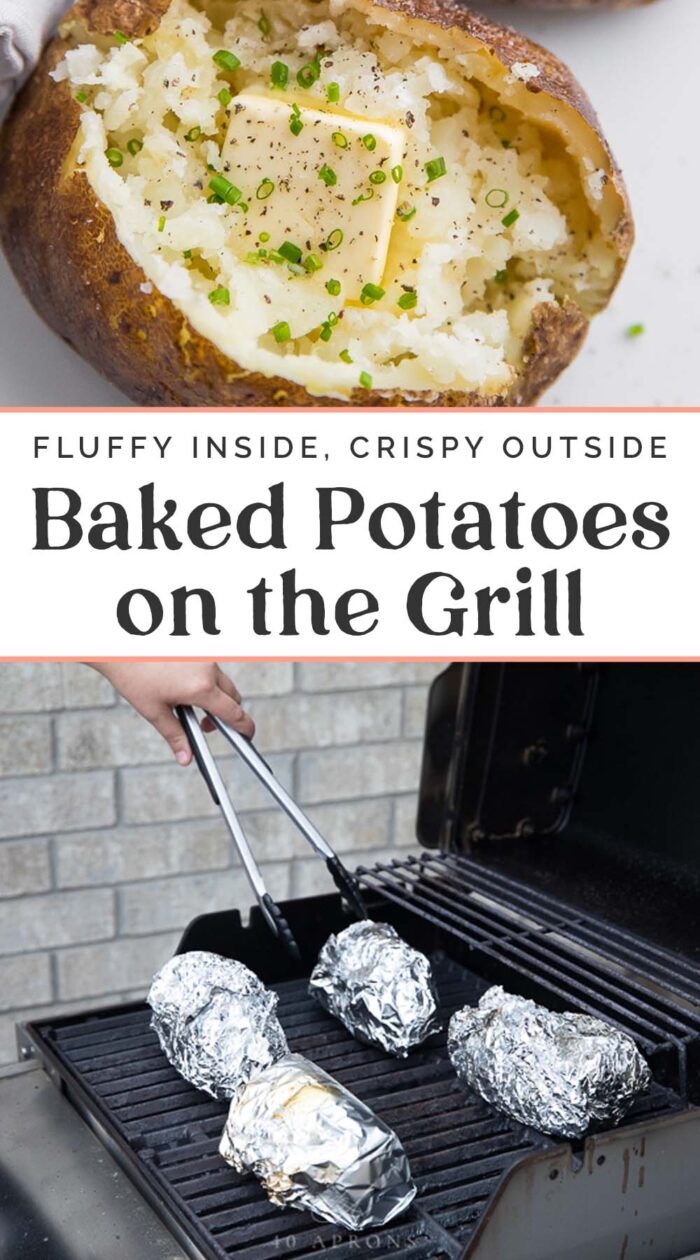 Pin graphic for baked potatoes on the grill.