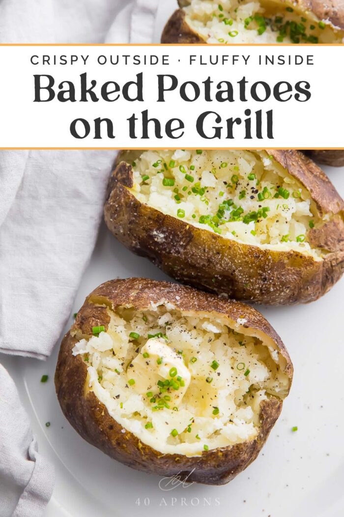 Pin graphic for baked potatoes on the grill.